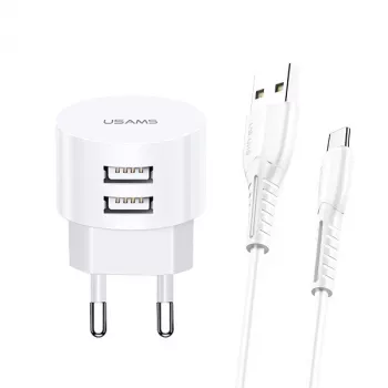 Ladegerät usams XTXLOGT18TC05 mit 2x USB-Anschlüssen und integriertem USB‑C-Kabel, 2,1A Ausgang