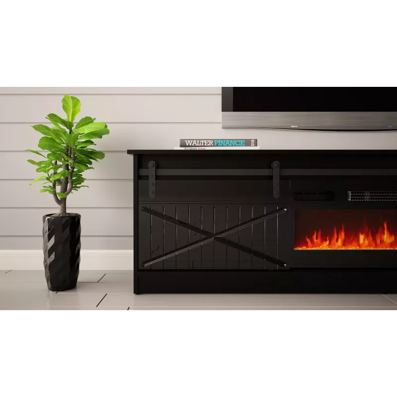 TV-Ständer mit Kamin Cama Meble GRANERO Modell – 200 x 56,7 x 35 cm, Schwarz/Schwarz glänzend, 2 Türen, 2 Regale, Schiebetüren, MDF/Spanplatte