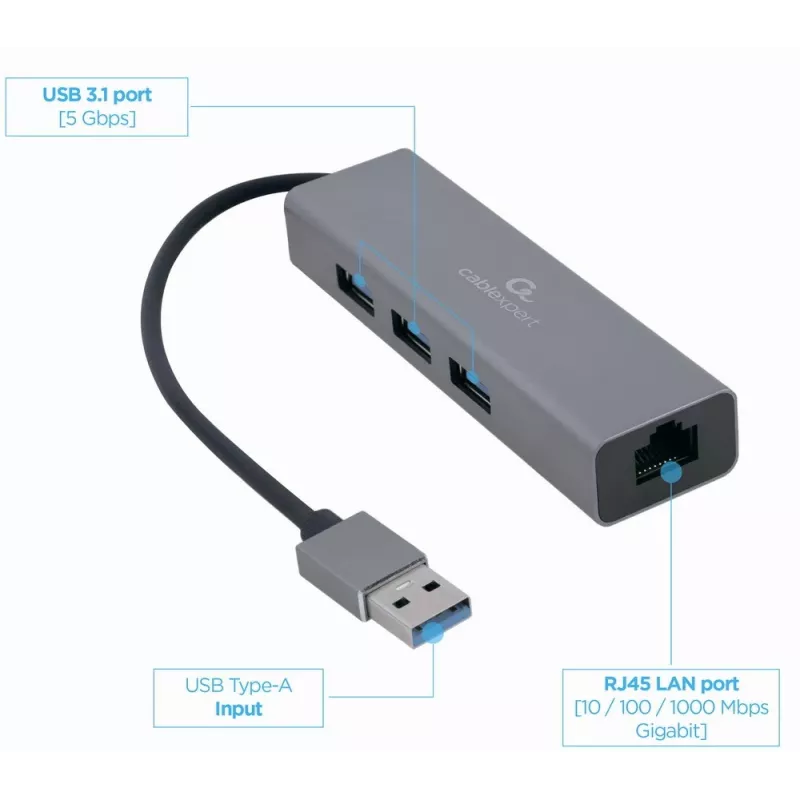 Gembird A-AMU3-LAN-01 USB-A-auf-Gigabit-LAN-Adapter mit 3-Port-USB-3.0-Hub, Schwarz