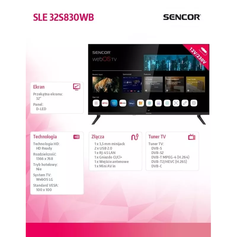 Fernseher SENCOR SLE 32S830WB 32 Zoll LED Smart webOS 12V BT5.0