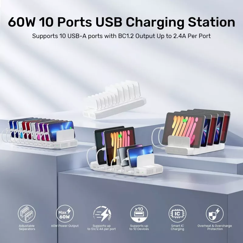 Unitek Ladestation 10X USB 2.4A 60W Weiß