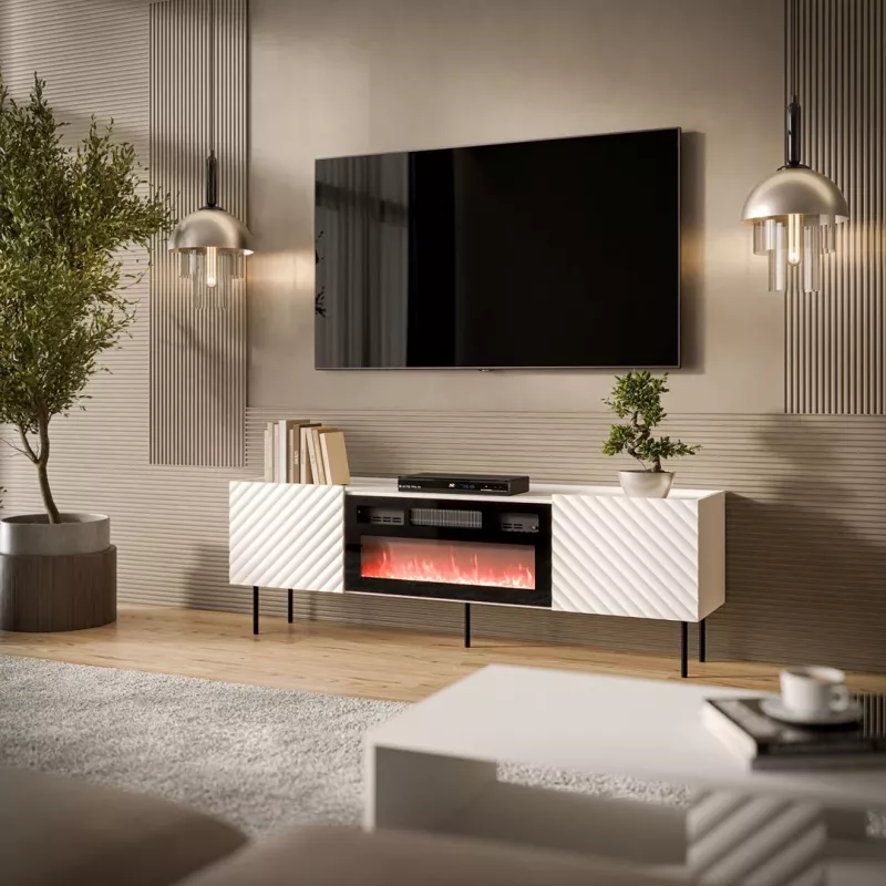 TV cabinet cama meble LUCCA 180x40x59 cm, weiße Oberseite und Rahmen, schwarzer elektrischer Kamin