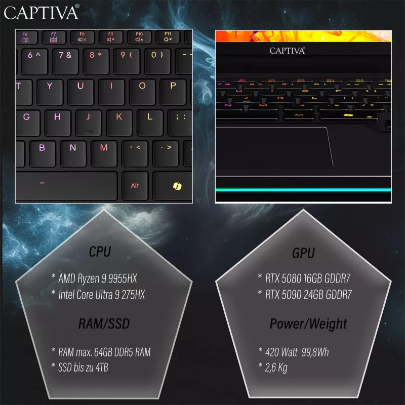 Captiva Ultimate Gaming R95-061GE Gaming-Laptop, AMD Ryzen 9 9955HX, 16 Zoll WQXGA, 64GB DDR5, 2TB SSD, NVIDIA GeForce RTX 5090, Windows 11