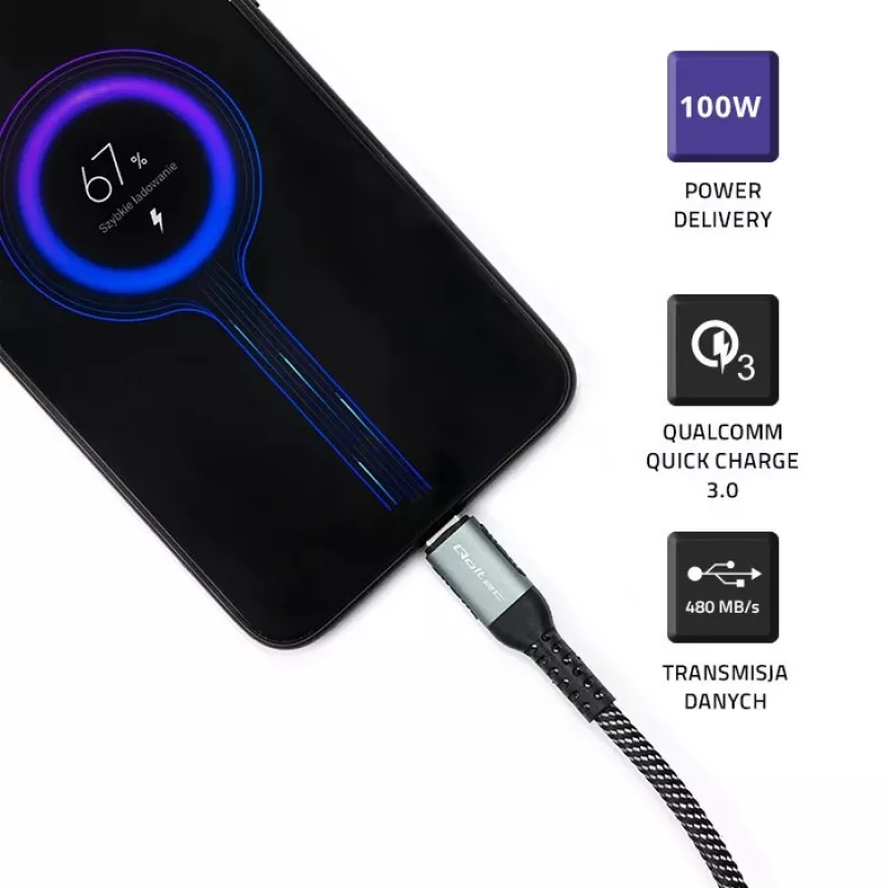 Qoltec 52358 USB-C-auf-USB-C-Kabel, USB 2.0, 480 Mbit/s, 100 W PD, QC 3.0, Nylongeflecht, 1,5 m, schwarz