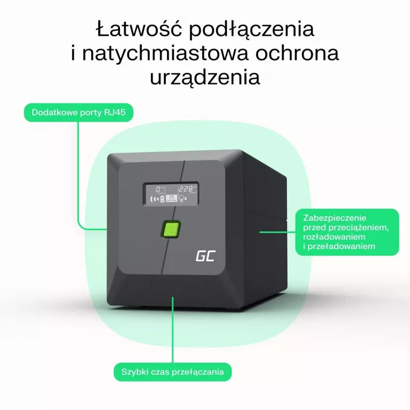 USV Line-Interactive 2 kVA 1200 W, Green Cell, 4 Wechselstromausgänge, USB, 12 V 9 Ah VRLA (Tower)