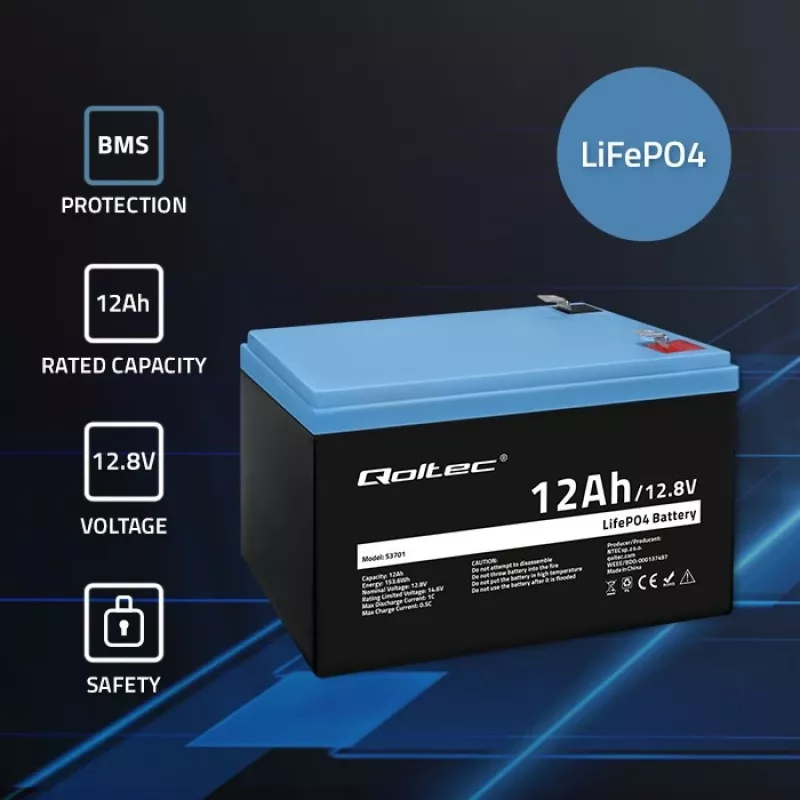 Qoltec LiFePO4 Lithium-Eisenphosphat-Akku 12,8 V 12 Ah 153,6 Wh mit BMS