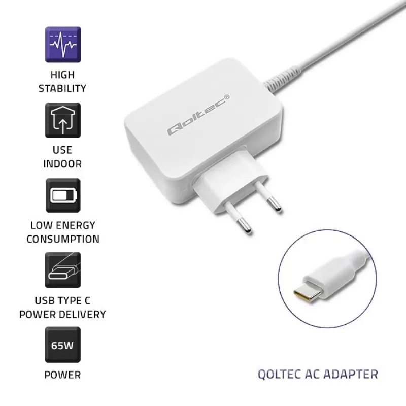 Qoltec 51039 65 W USB-C-PD-Netzteil, 5–20,3 V, 2–3,25 A, integriertes USB-C-Kabel, Weiß