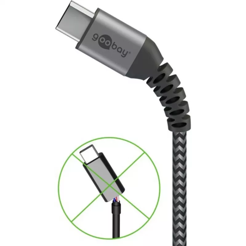 Goobay 49301 USB-C-auf-USB-C-Textilkabel mit Metallsteckern, 0,5 m, Space Grey/Silber