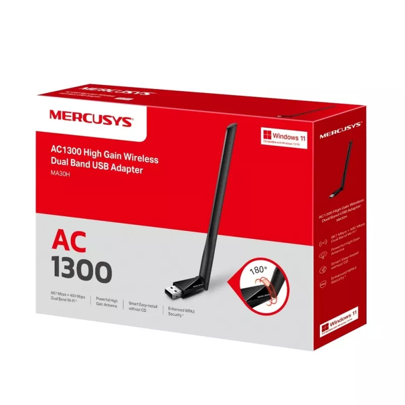 Mercusys MA30H AC1300 High-Gain-Dualband-WLAN-USB-Adapter, Schwarz