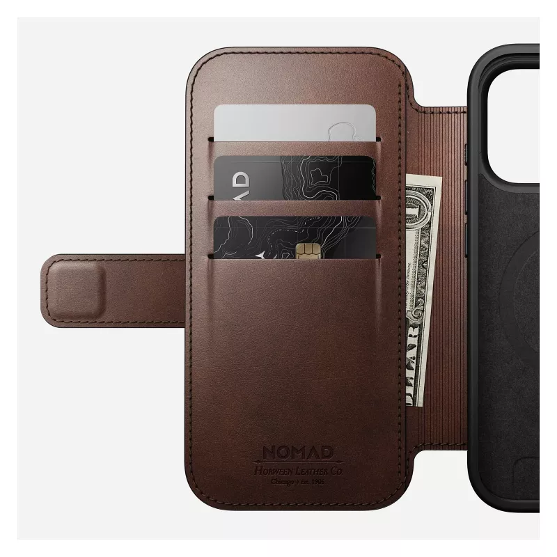 Handyhülle Nomad Modern Leather Folio für iPhone 17 Pro, Leder/Aluminium, 16 cm (6,3 Zoll) braun, 4 Kartenfächer
