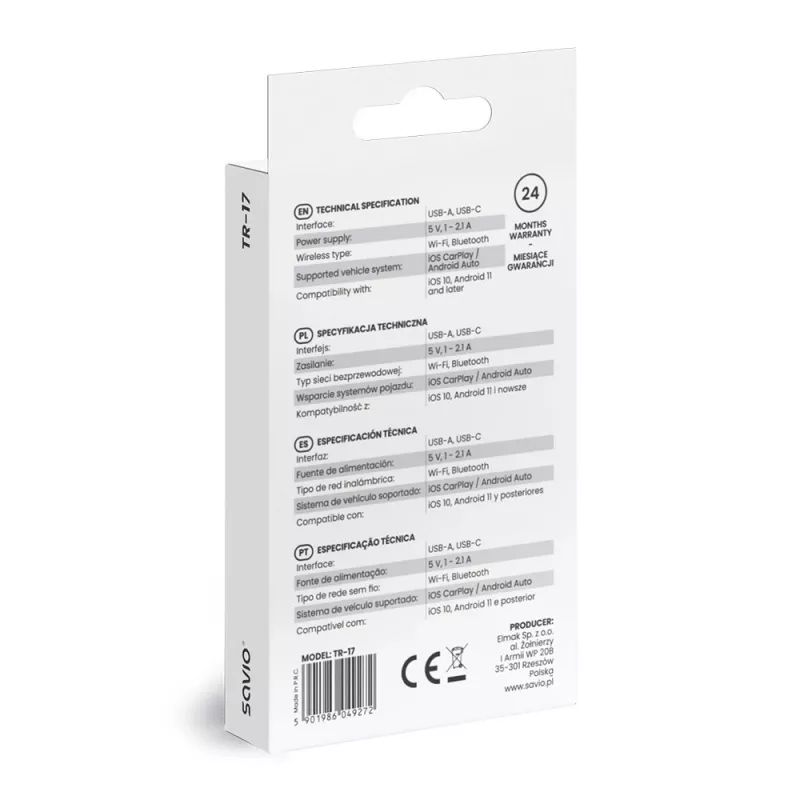 Savio TR-17 kabelloser CarPlay- und Android-Auto-Adapter