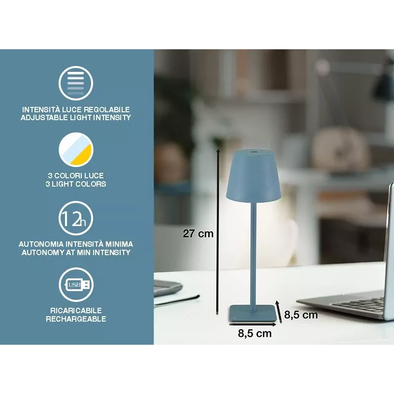 Beper P207ILI200 Wiederaufladbare LED-Tischleuchte, Touch-Schalter, dimmbar, Schieferblau