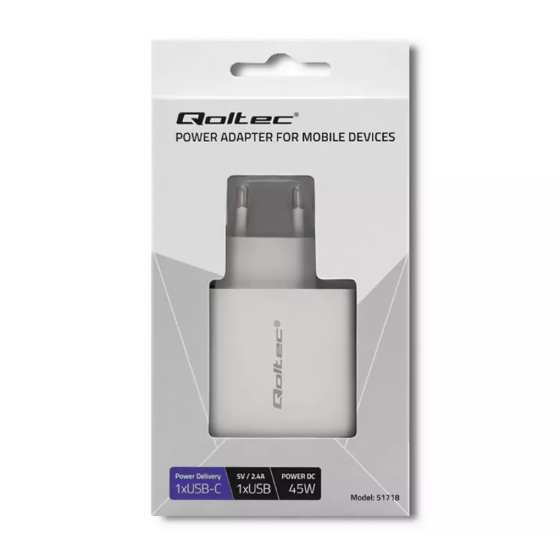 Qoltec 51718 Ladegerät | 45W | 5-20V | 2,4-3A | USB Typ C PD | USB | Weiß