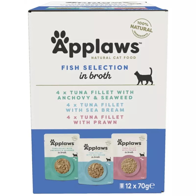 Applaws Fischauswahl in Brühe, Multipack Nassfutter für Katzen, 12 × 70 g