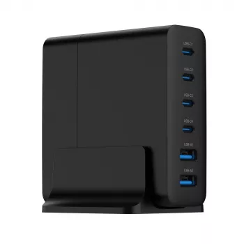 GEMBIRD Ladegerät für Mobilgeräte TA-UC-2A4C-PD75-01-BK — 75 W, 4× USB-C + 2× USB-A, PD & QC3.0, 6 Geräte gleichzeitig, 1,5 m Kabel, schwarz