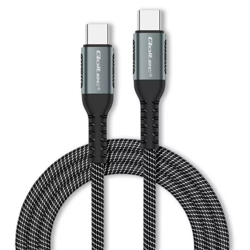 Qoltec 52358 USB-C-auf-USB-C-Kabel, USB 2.0, 480 Mbit/s, 100 W PD, QC 3.0, Nylongeflecht, 1,5 m, schwarz