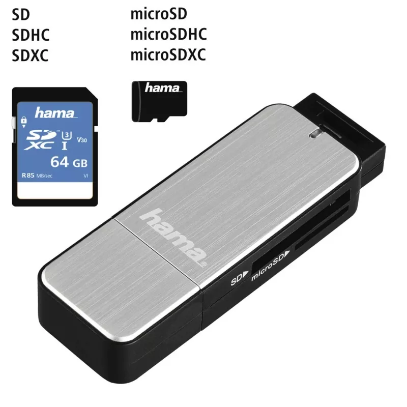 Hama 123900 USB-3.0-Kartenleser SD/microSD, Aluminium, schwarz/silber