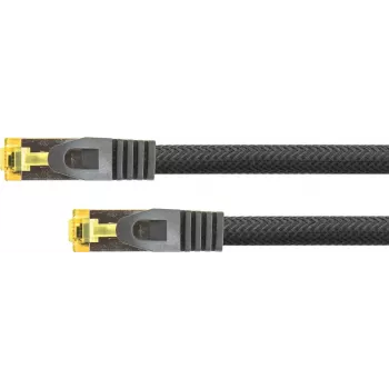 Python® Series RJ45 Patchkabel mit Cat.7 Rohkabel, Knickschutz (RNS®) und Nylonummantelung, S/FTP, PiMF, halogenfrei, 600MHz, OFC, schwarz, 25m (8070PY-250S)