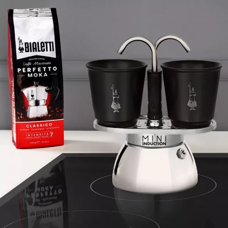 Bialetti Mini Express Induction Espressokocher-Set 7310, 2 Tassen mit 2 Gläsern