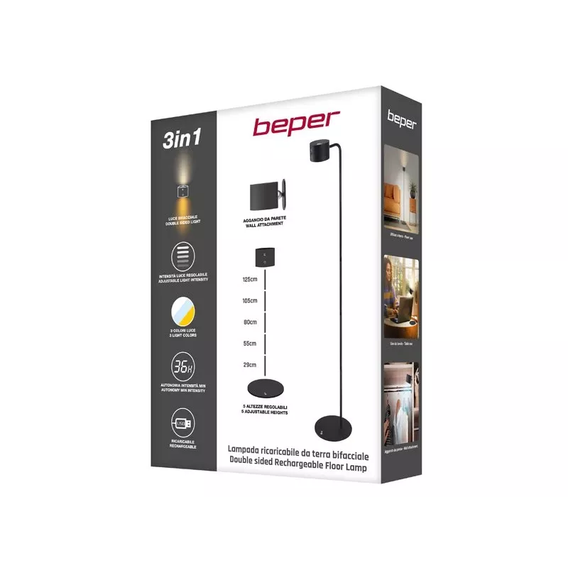 Beper P201UTP306 aufladbare höhenverstellbare LED-Lampe, stehend und wandmontierbar, 2,3 W, dimmbar, schwarz