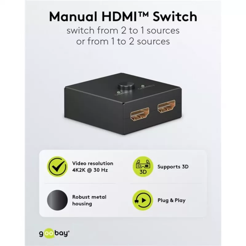 Goobay 58485 Manuelle HDMI-Umschaltbox 2 auf 1, 4K 30 Hz