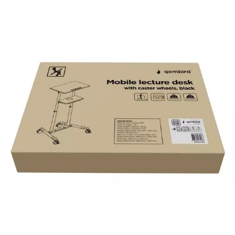 Gembird TVS-DESK-01-BK mobiler Stehtisch mit Rollen, höhenverstellbar 111–134,5 cm, Neigung 30°, max. 20 kg, schwarz