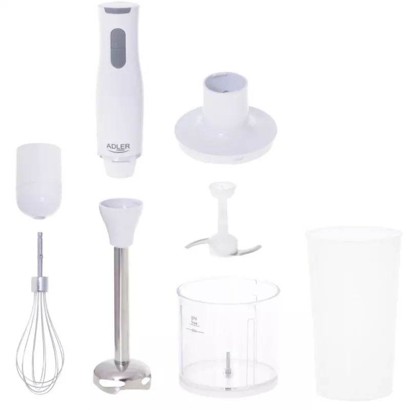 Adler AD 4620 Stabmixer-Set, 800 W, 2 Geschwindigkeiten, 450 ml Zerkleinerer, 750 ml Messbecher, Schneebesen, Weiß