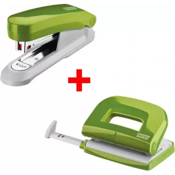 Tacker- und Locher-Set NOVUS E15+ und E210 — Tischtacker mit Zangensetzer, grün