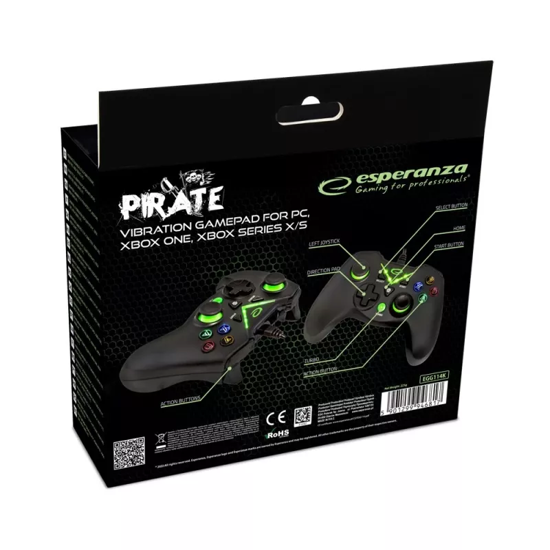 Esperanza EGG114K Pirate Gamepad, USB 2.0, analog/digital, für PC, Xbox One, Xbox Series X/S, schwarz