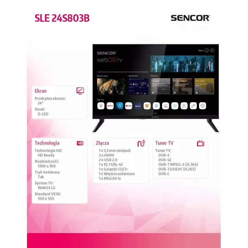 24 Zoll SENCOR SLE 24S803B HD Ready SMART TV mit webOS, Wi‑Fi, Bluetooth, DVB-T2/C/S2, 1366×768