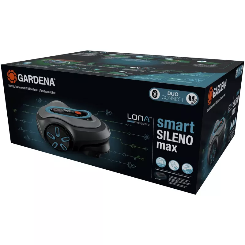 Robotic lawn mower GARDENA smart SILENO max — 800 m², 16 cm cutting width, Batterie, LONA navigation, Grau