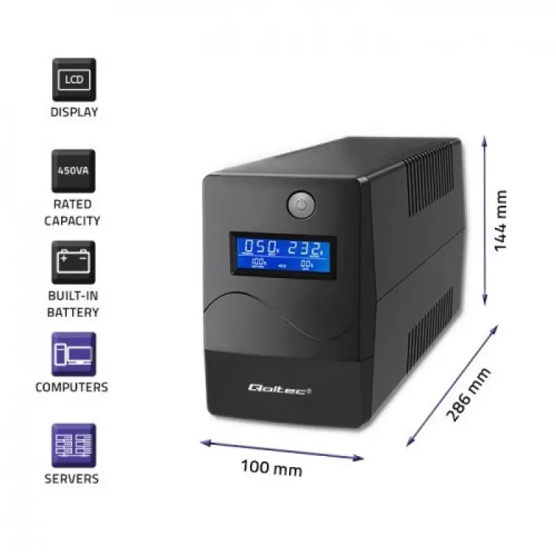 Qoltec Monolith 53980 USV 1000 VA 600 W, 2x Schuko, LCD, USB, RJ45
