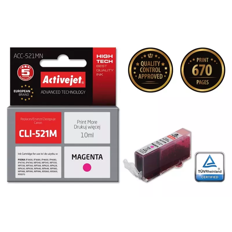 Activejet ACC-521MN Tinte, Ersatz für Canon CLI-521M, Supreme, 10 ml, magenta