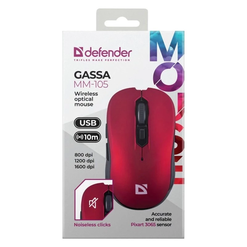 Kabellose RF Silent-Maus DEFENDER Gassa MM-105 — Beidhändig, 1600 DPI, 2,4 GHz, Nano-USB-Empfänger