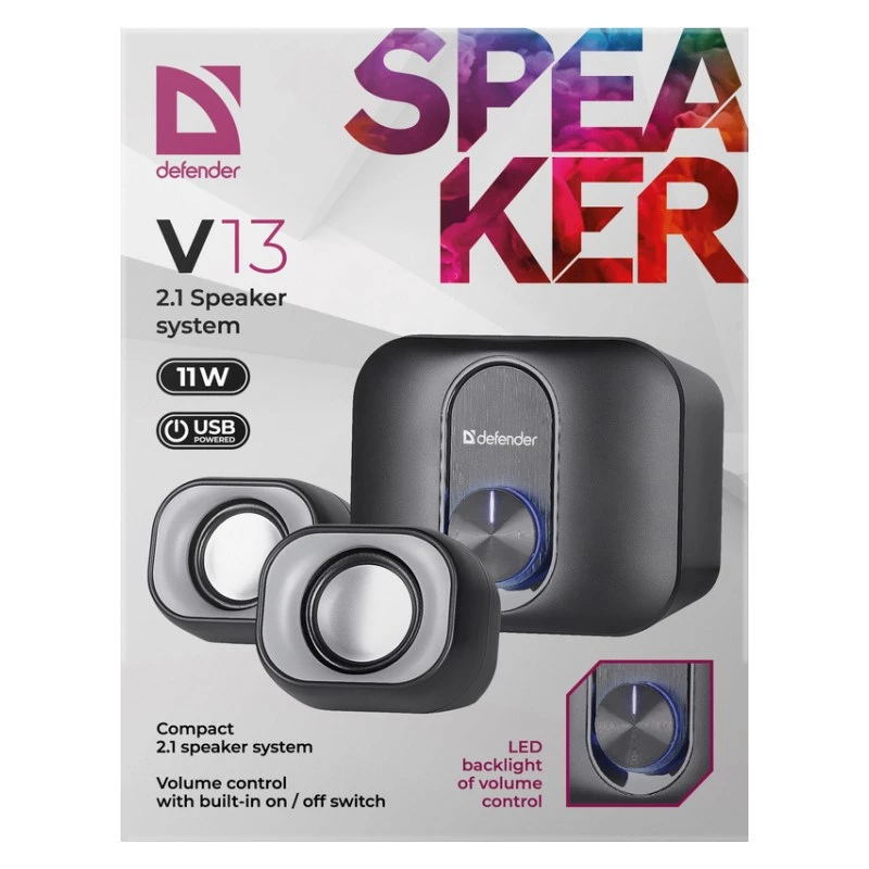 Desktop 2.1-Lautsprecher DEFENDER V13 — 11 W RMS (6 W Satelliten, 5 W Subwoofer), USB-Stromversorgung, 3,5-mm-Eingang, Schwarz