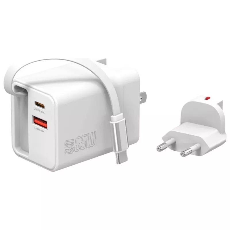 4smarts 541065 GaN Flex Jojo 65W Netzladegerät, 2x USB-C PD + USB-A QC 3.0, einziehbares USB-C-Kabel, 100-240V, Weiß