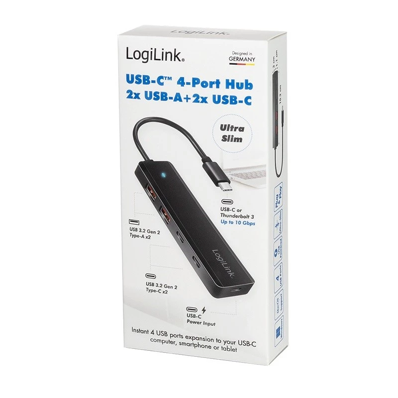 Hub USB-C, 4 Ports 2x USB-A, 2x USB-C, Schwarz