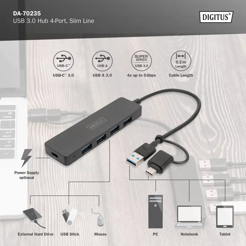 Digitus DA-70235 4-Port-USB-3.0-Hub Slim Line mit USB-C-Adapter, 5 Gbit/s