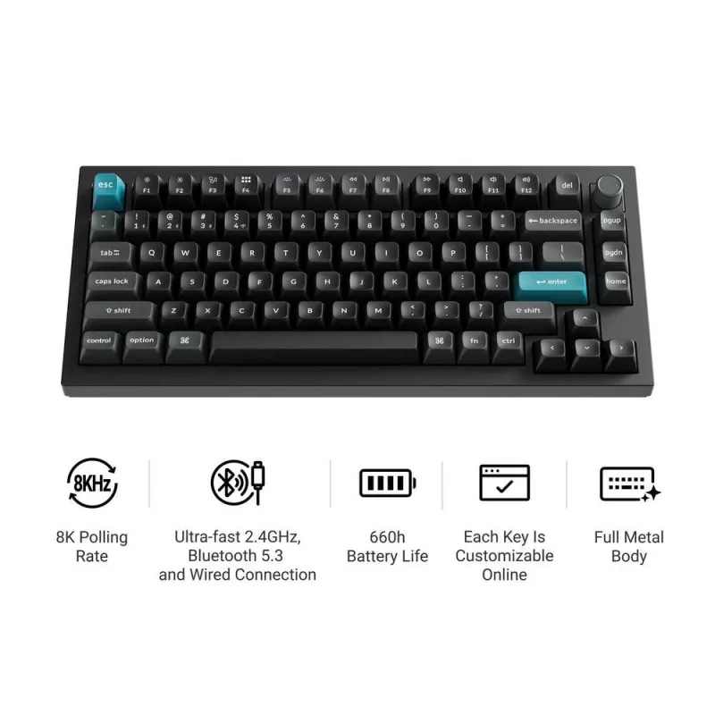 Mechanische 75%-Tastatur Keychron Q1 Ultra 8K – USB + RF Wireless + Bluetooth, RGB, Schwarz