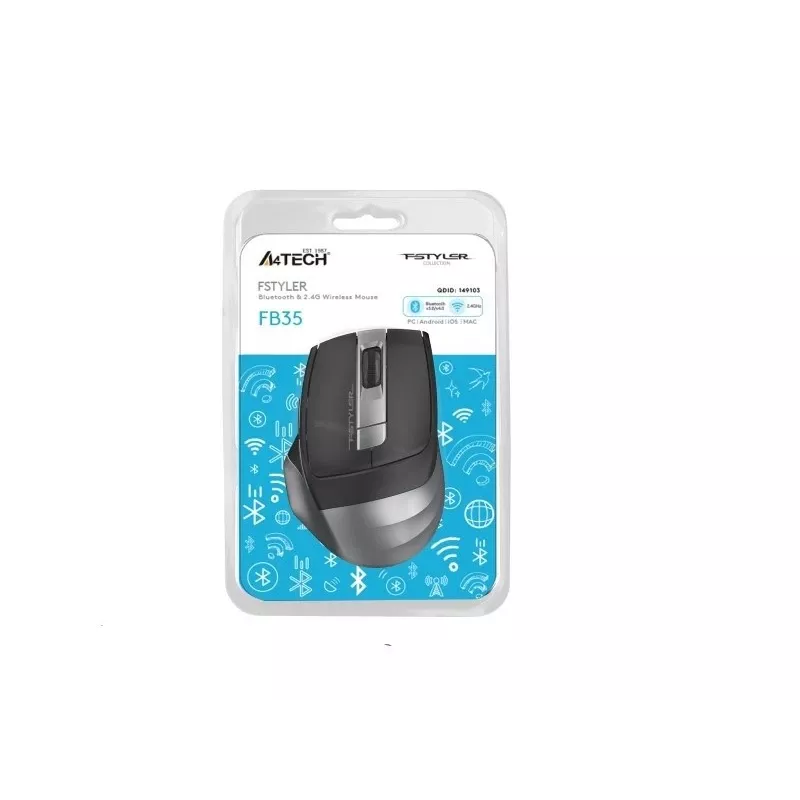 Kabellose Maus A4Tech FB35 (Modell 46717) – Bluetooth + 2,4 GHz, 2000 dpi, 6 Tasten, grau