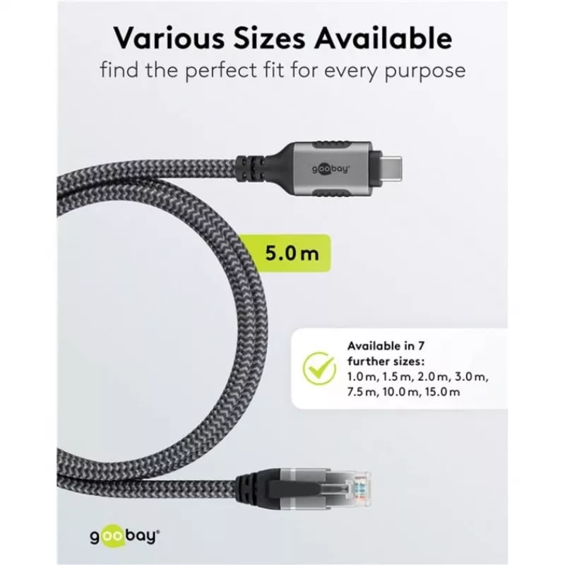 Goobay 70752 USB-C 3.1 auf RJ45 Ethernet-Kabel, Cat6 F/UTP, 5 m, schwarz/silber