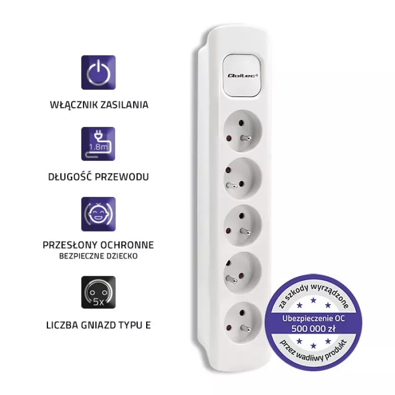 Power Extension Qoltec 50276 1,8 m 5 AC-Steckdosen Innenbereich Weiß