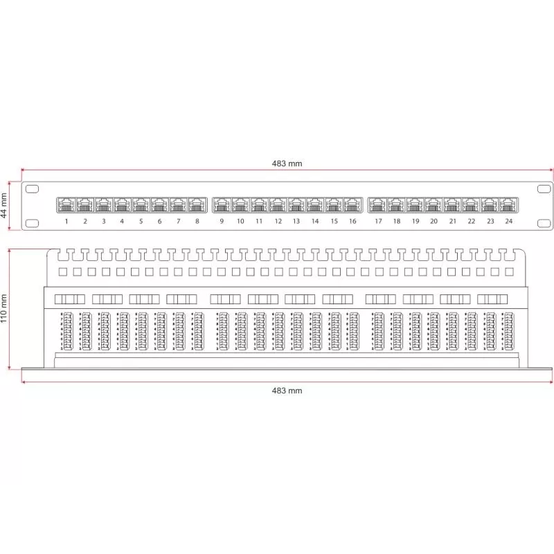 Alantec PK013 Patchpanel 19" 1U, 24x RJ-45, Cat5e UTP, LSA, mit Ablage, schwarz