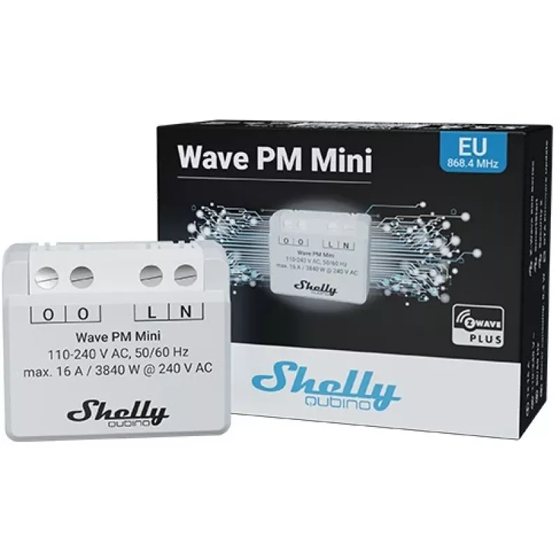 Shelly Qubino Wave PM Mini intelligenter Schalter, 1 Kanal, Unterputz, Z-Wave, kabellos, 110–240 V AC / 24–30 V DC, grau