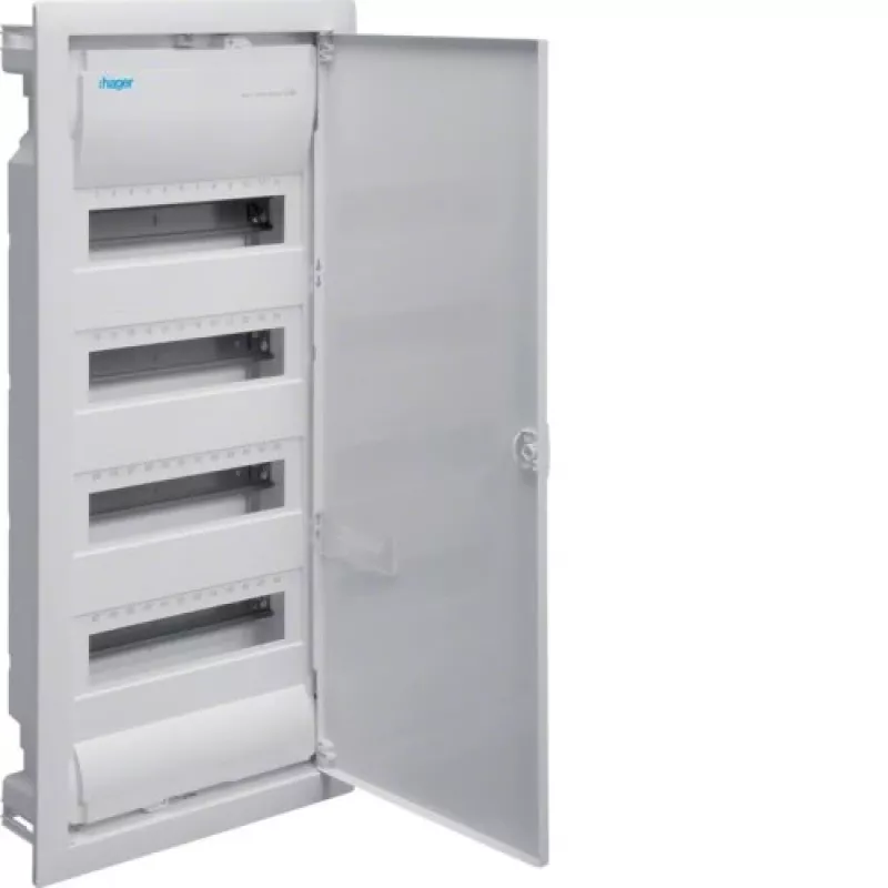 Hager Volta VU48NE Unterputz-Verteiler, 4 Reihen, 48 Module, IP30, Metalltür, 348×755,5×98 mm, weiß