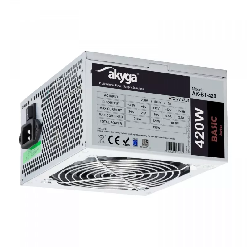 Akyga Basic AK-B1-420 ATX-Netzteil 420 W, 120-mm-Lüfter, passive PFC, Grau