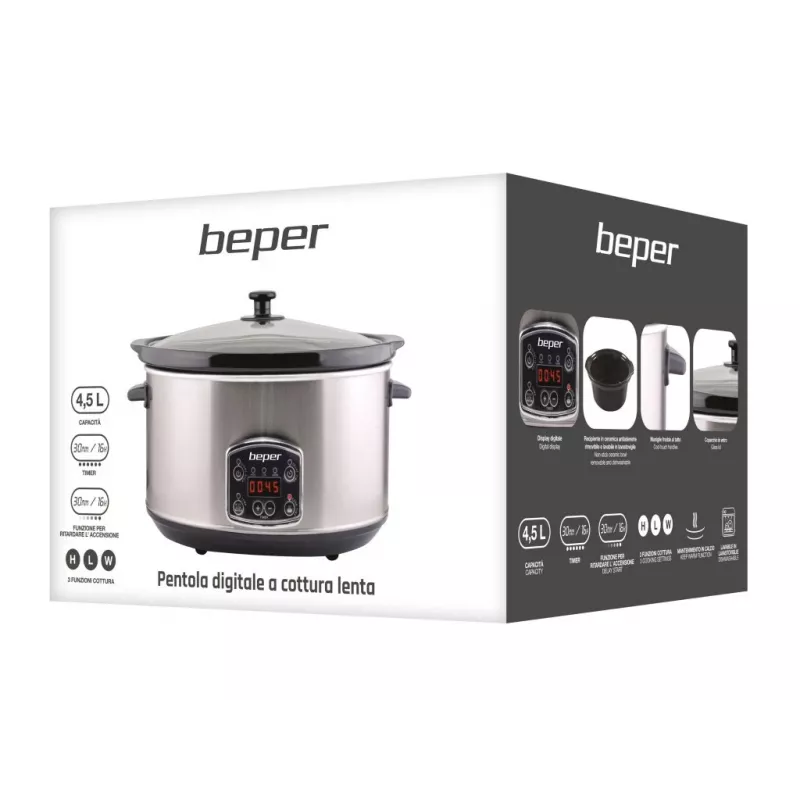 Beper BC.510 digitaler Slow Cooker, 4,5 l, 280 W, Edelstahl