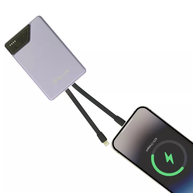 Tragbare Powerbank Tellur TLL158441, 10000 mAh, integrierte USB-C- und Lightning-Kabel, Violett
