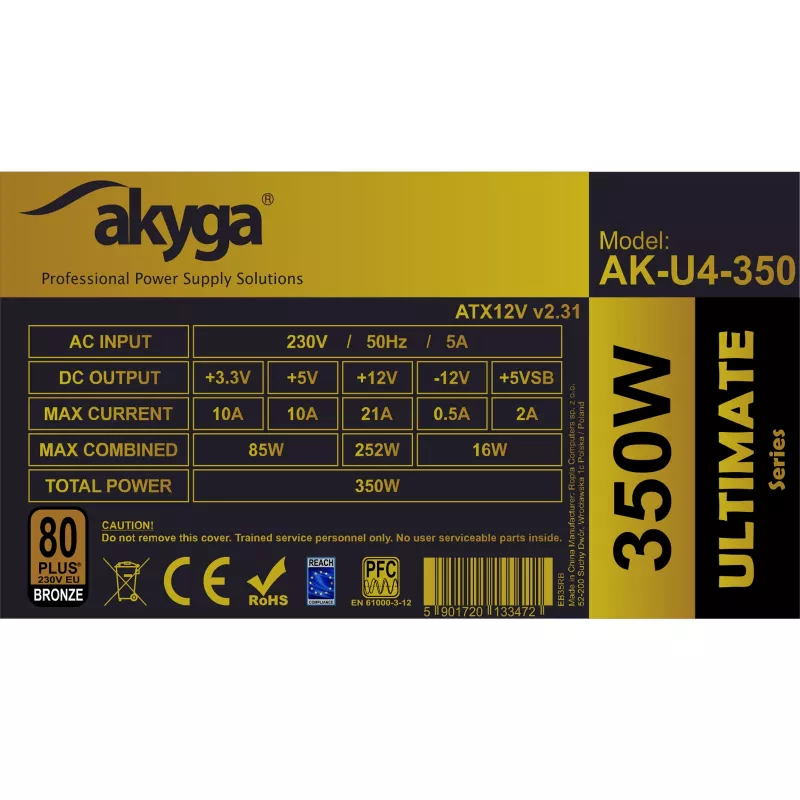 Akyga AK-U4-350 Ultimate 350 W ATX-Netzteil, 80 PLUS Bronze, aktive PFC, 120-mm-Lüfter