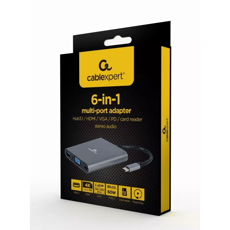 Gembird A-CM-COMBO6-01 USB-C 6-in-1 Multiport-Adapter, USB 3.1 Gen 1, HDMI 4K, VGA, PD 60 W, SD/microSD-Kartenleser, 3,5-mm-Audio, grau